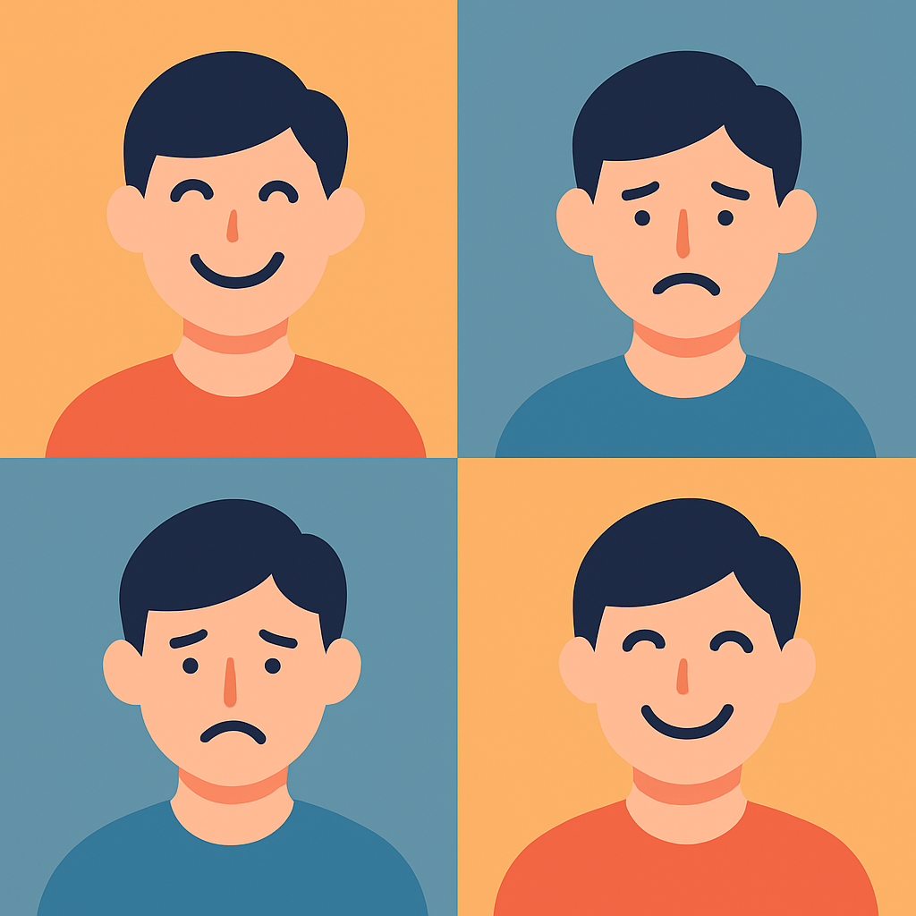 喜びと憂いの感情が交互に現れるイメージイラスト