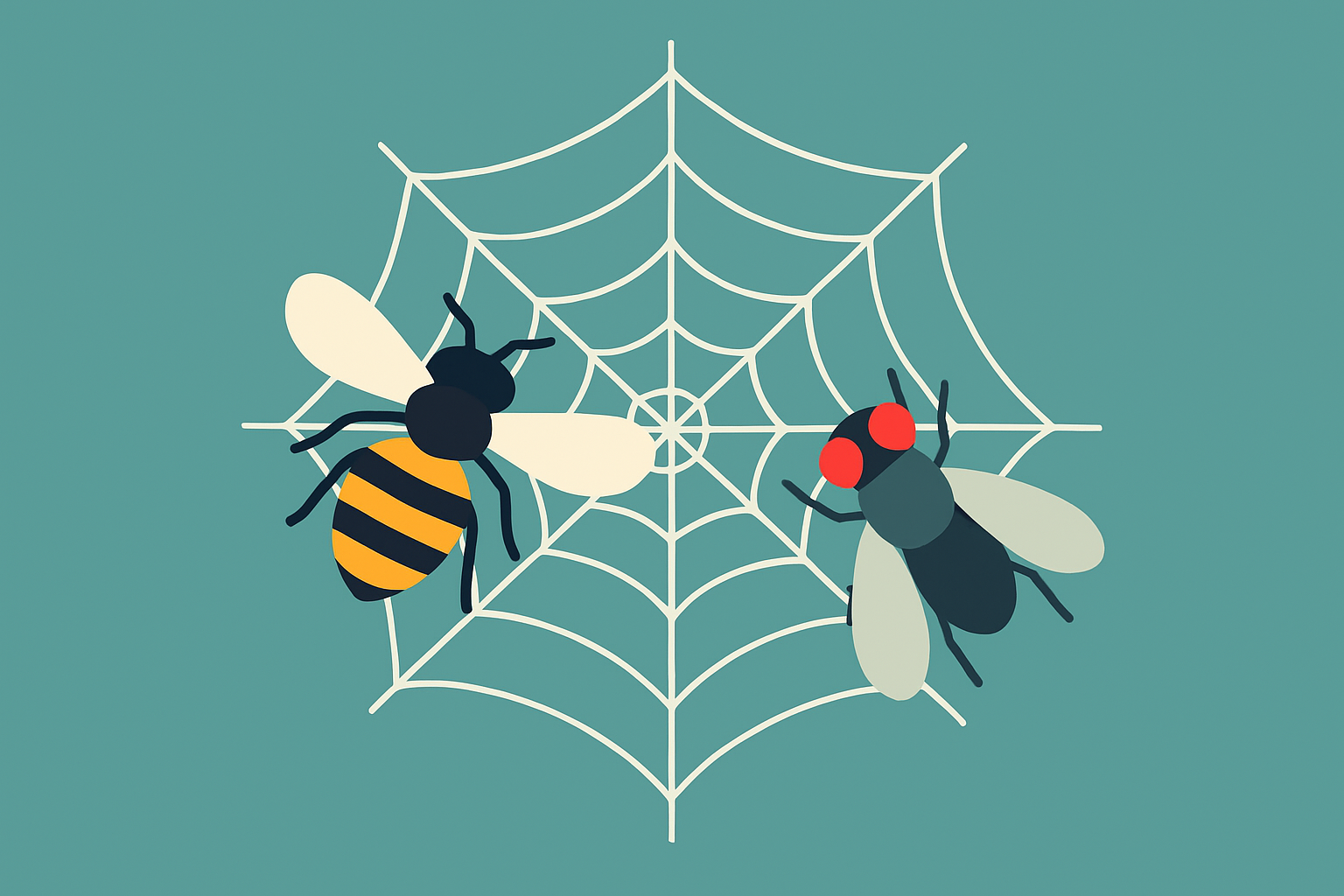 蜘蛛の巣に虻と蜂がかかっているイメージイラスト