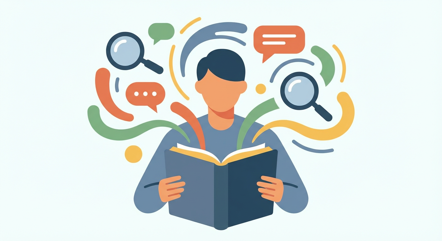 本を読んで言葉の使い方を調べるイメージ