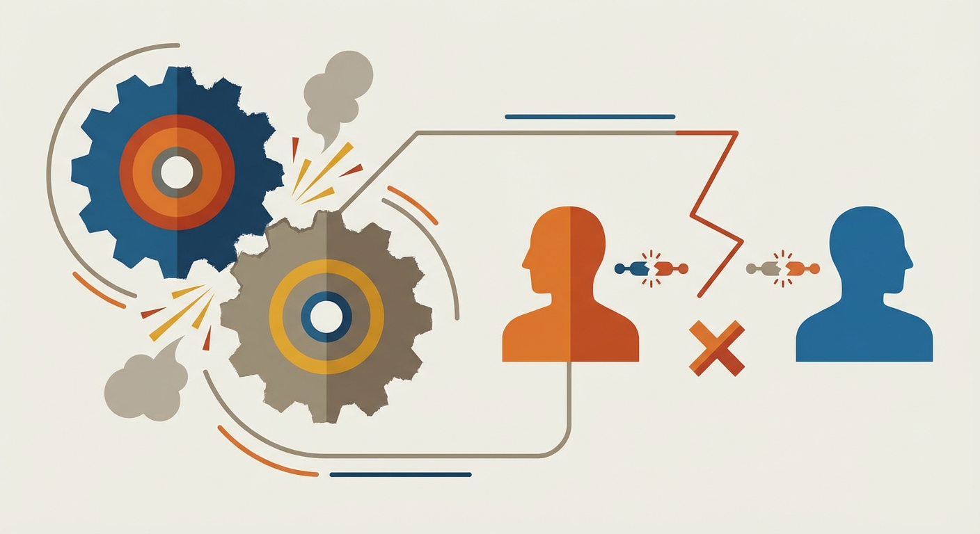 車輪がきしむイメージから人間関係の摩擦を連想させる図解風イラスト