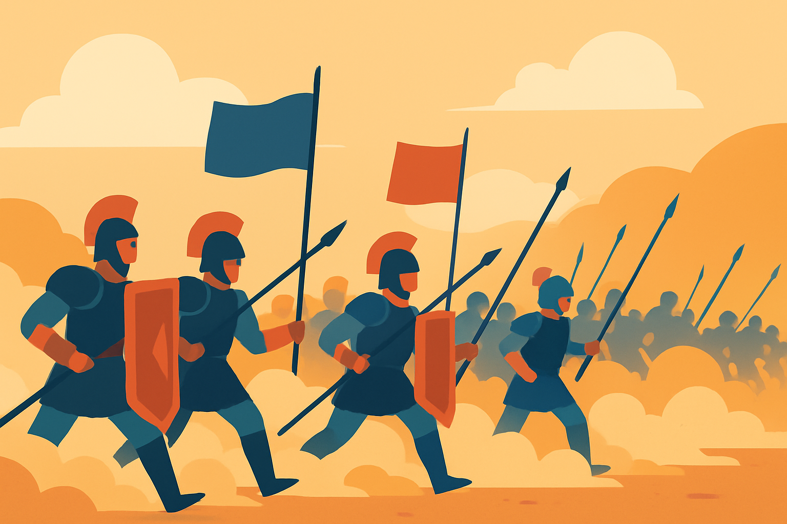 砂煙を巻き上げて進軍する軍勢のイメージイラスト