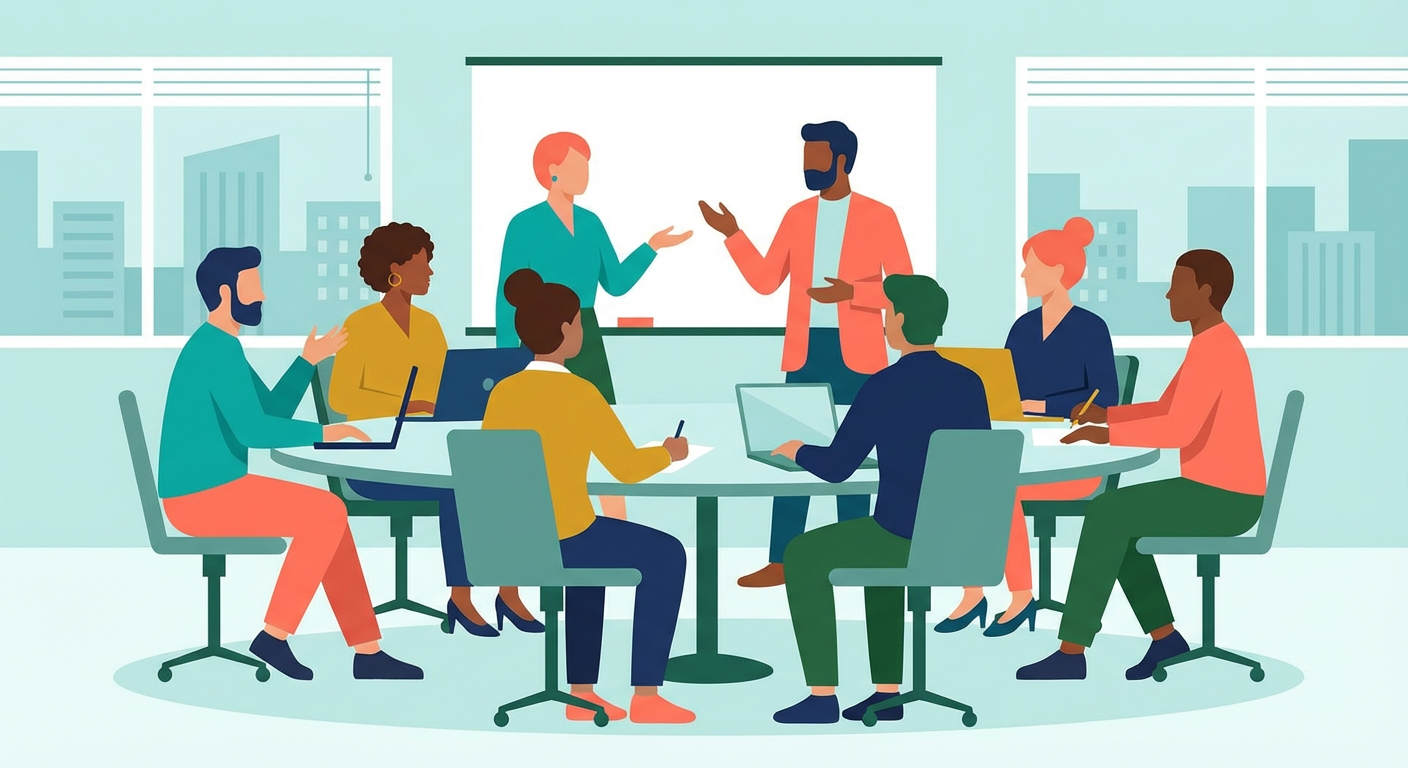 ビジネス会議で話し合う人々のフラットイラスト