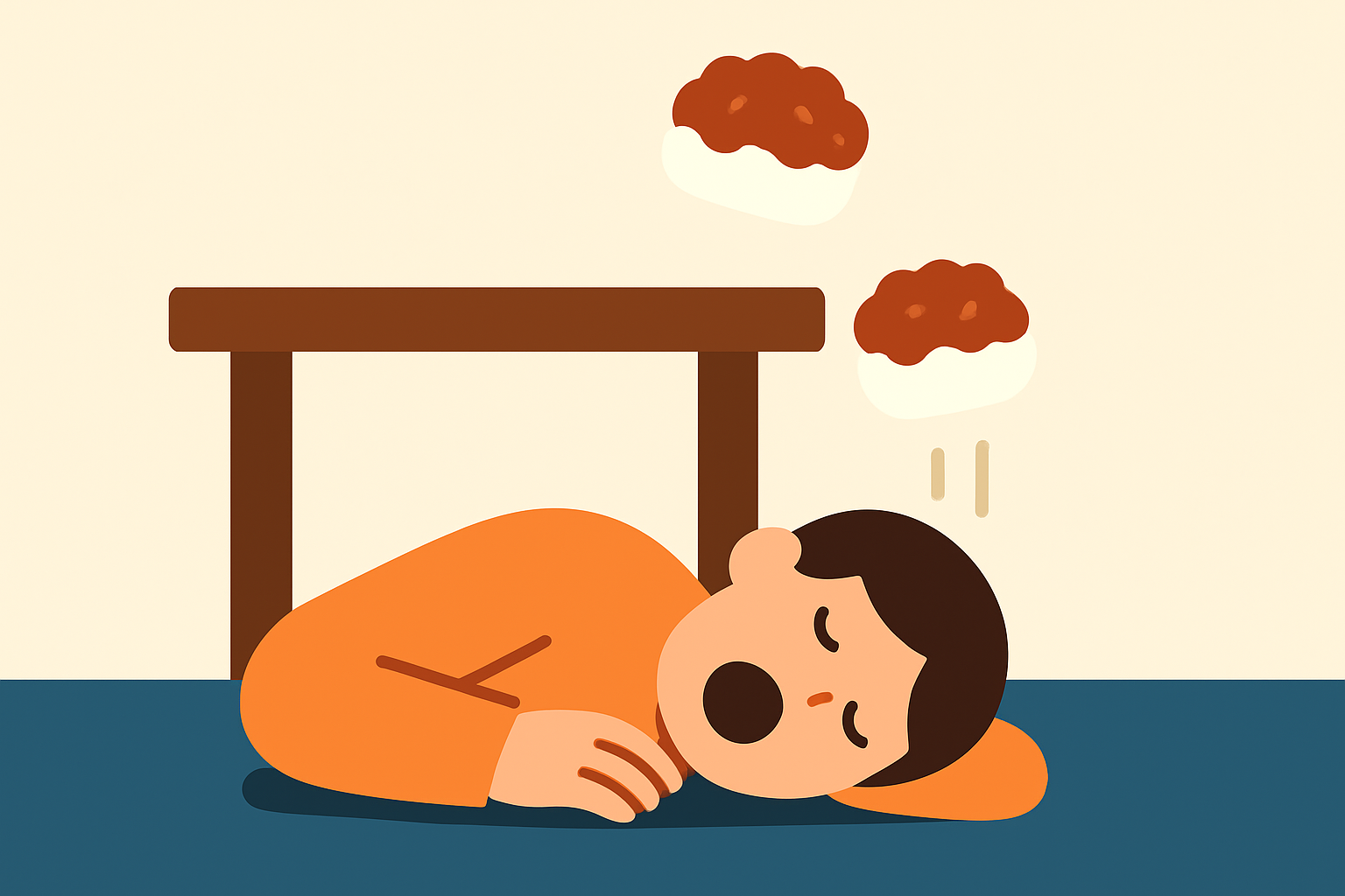 棚の下で口を開けて寝ている人と、落ちてくるぼたもちのイラスト