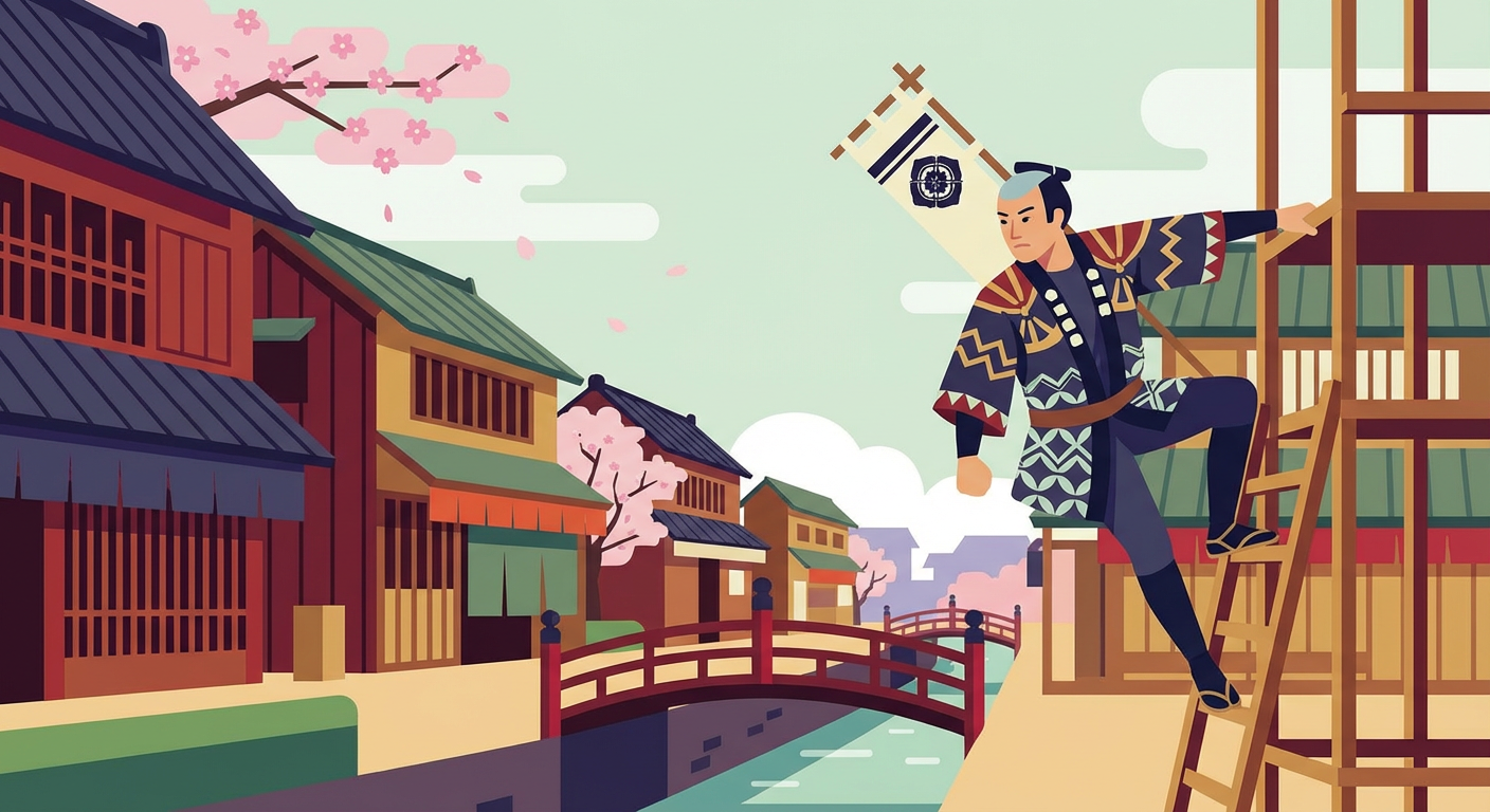 江戸の街並みと鳶職人をイメージしたフラットイラスト