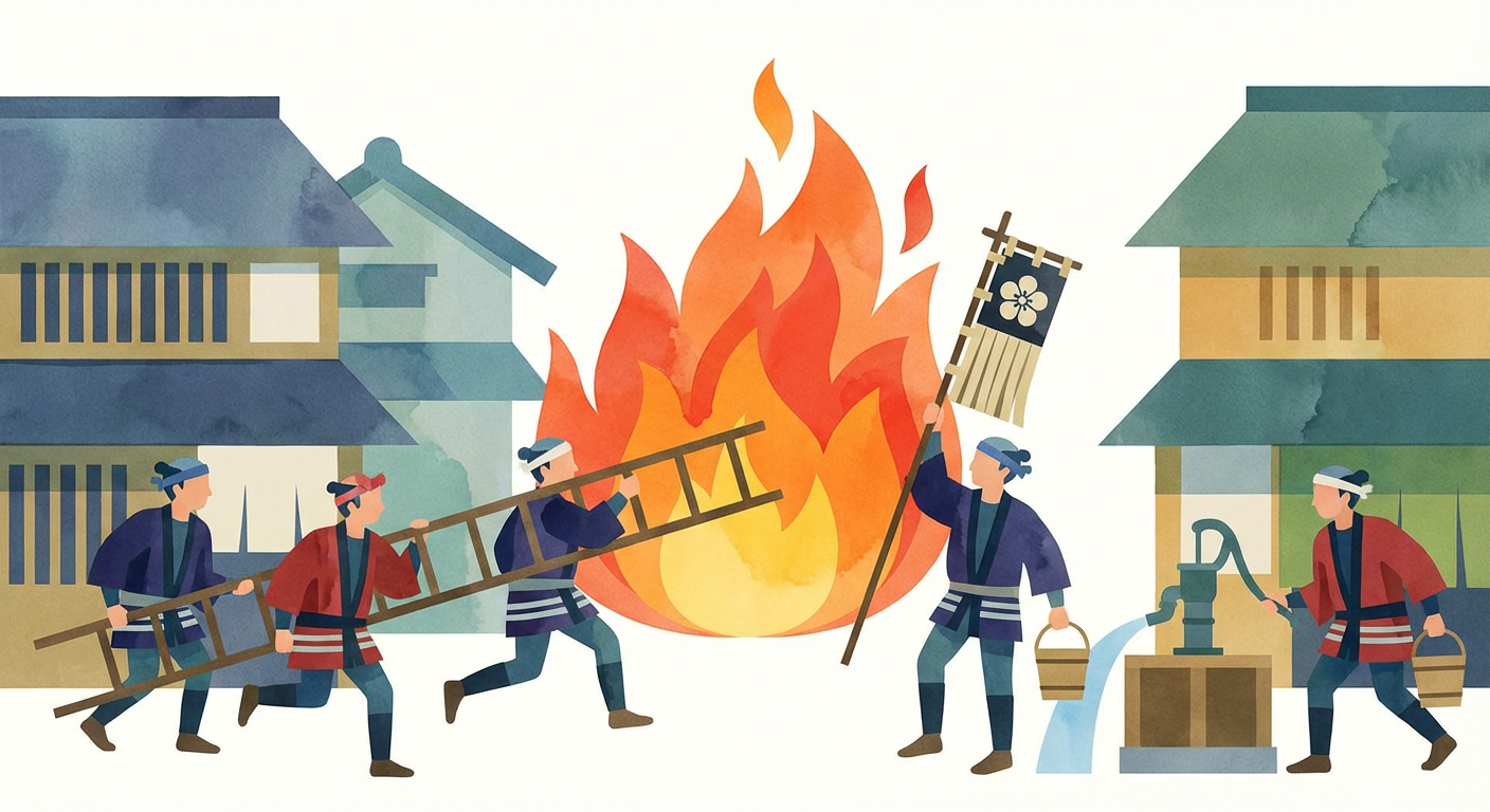 江戸時代の火消しの様子を描いた水彩風イラスト