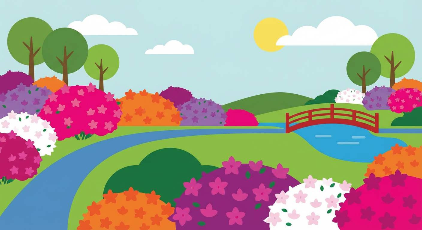 満開のツツジが並ぶ公園の風景