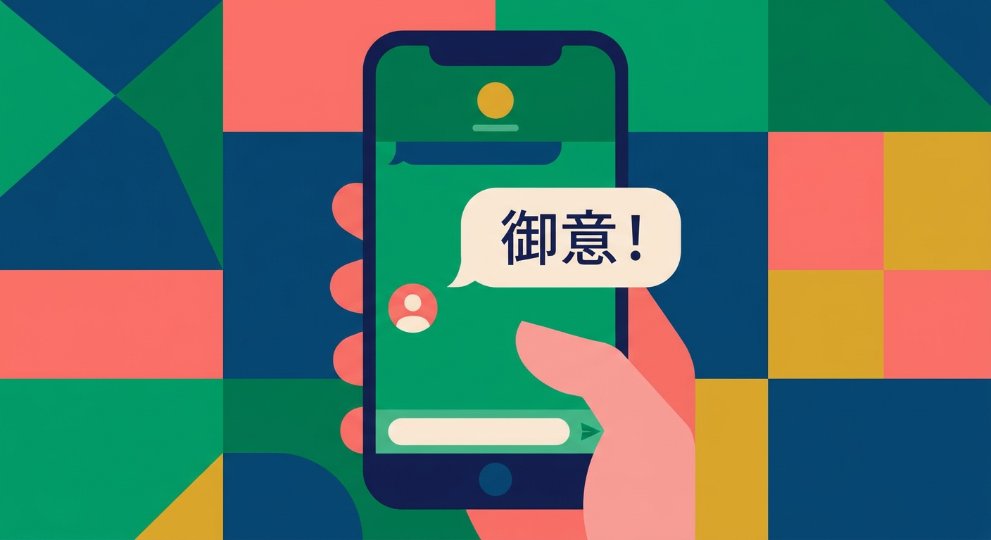 スマホでチャット画面に「御意！」と返信している現代的なイメージ
