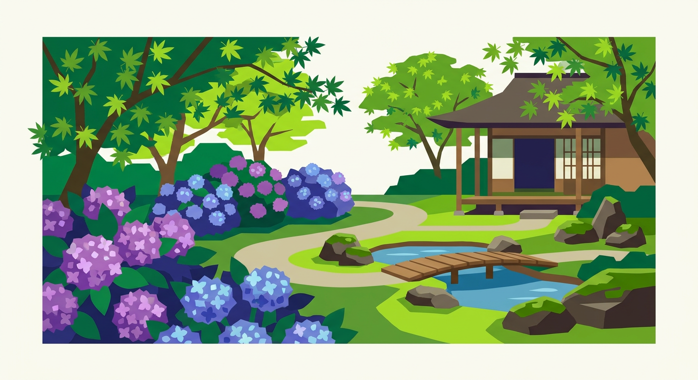 紫陽花と青もみじが並ぶ初夏の和庭園