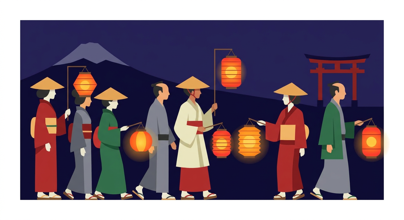 提灯を持つ夜の和装行列のイメージ