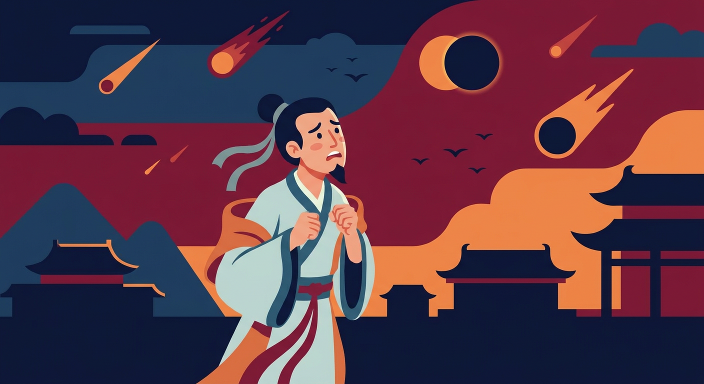 古代中国の空を見上げて不安そうにする人物のイラスト