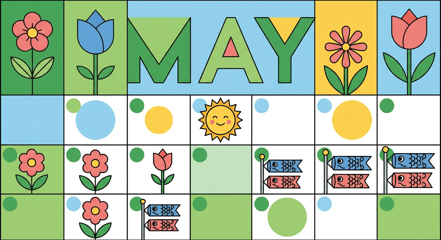 5月の英語表記とカレンダーをイメージしたフラットイラスト