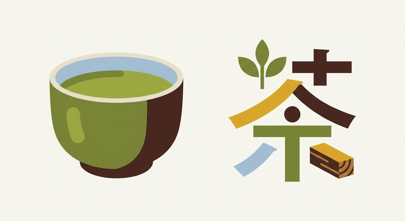湯のみとお茶のイメージ(「茶」の字から連想される誤解を示す)