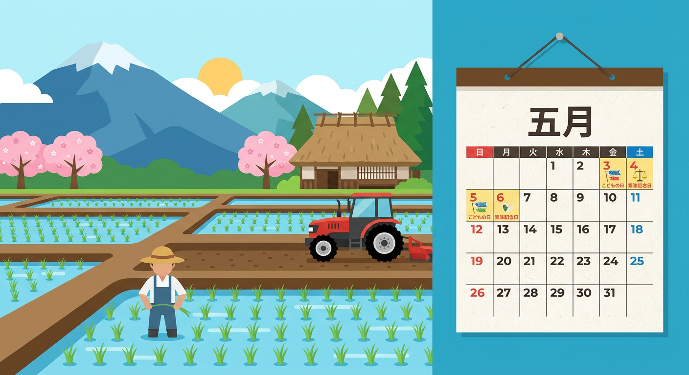 5月の田園風景と和風カレンダーのイメージ