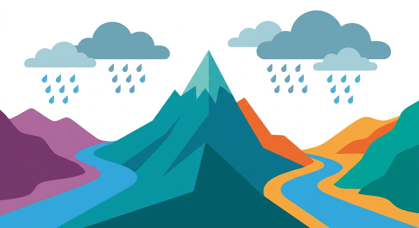 山の尾根を境に雨水が左右の谷へ流れていく様子のイラスト