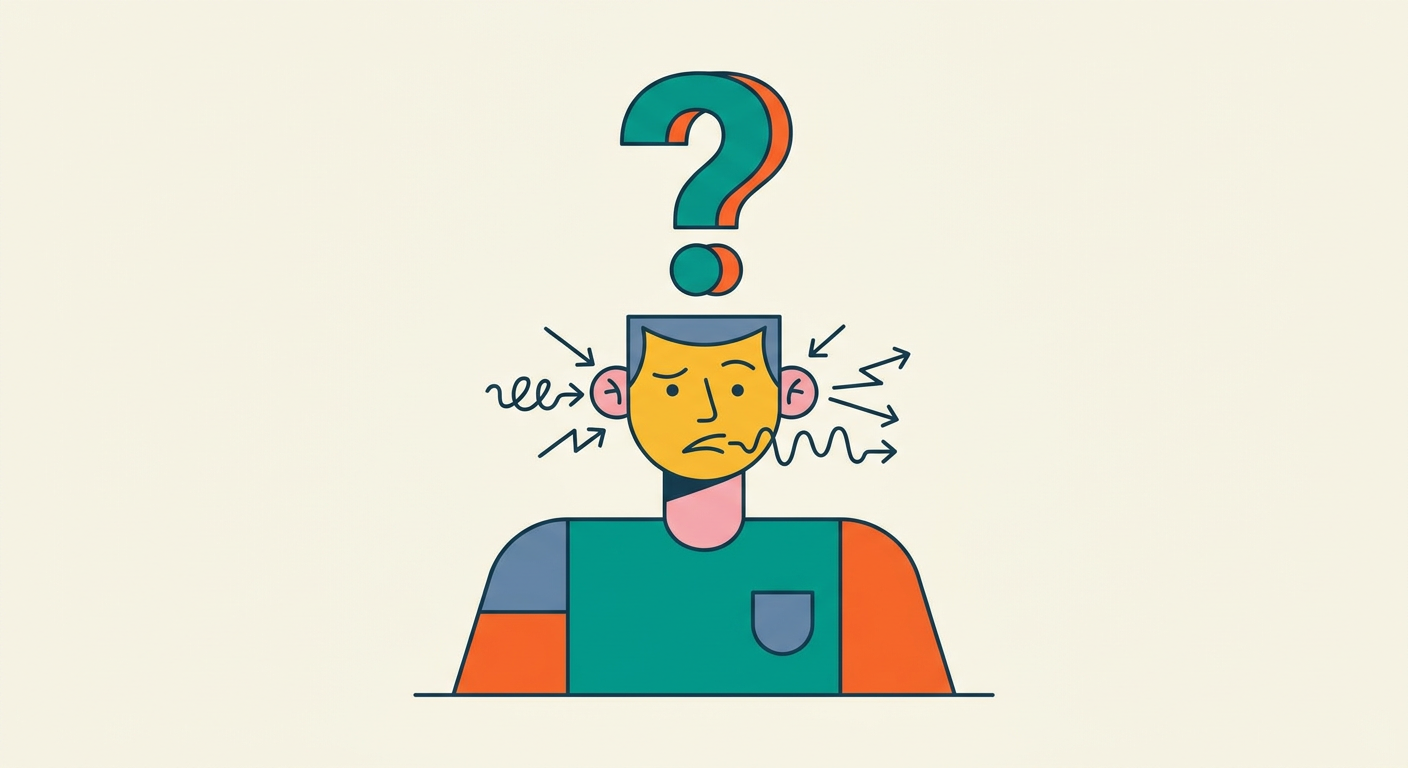 「？」が浮かぶ人物のイメージ（言葉の誤解を表すフラットイラスト）