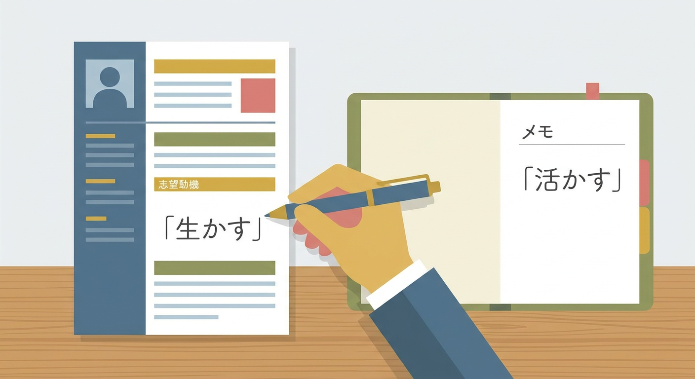 履歴書やノートに「生かす」「活かす」と書き比べている手元のイメージ