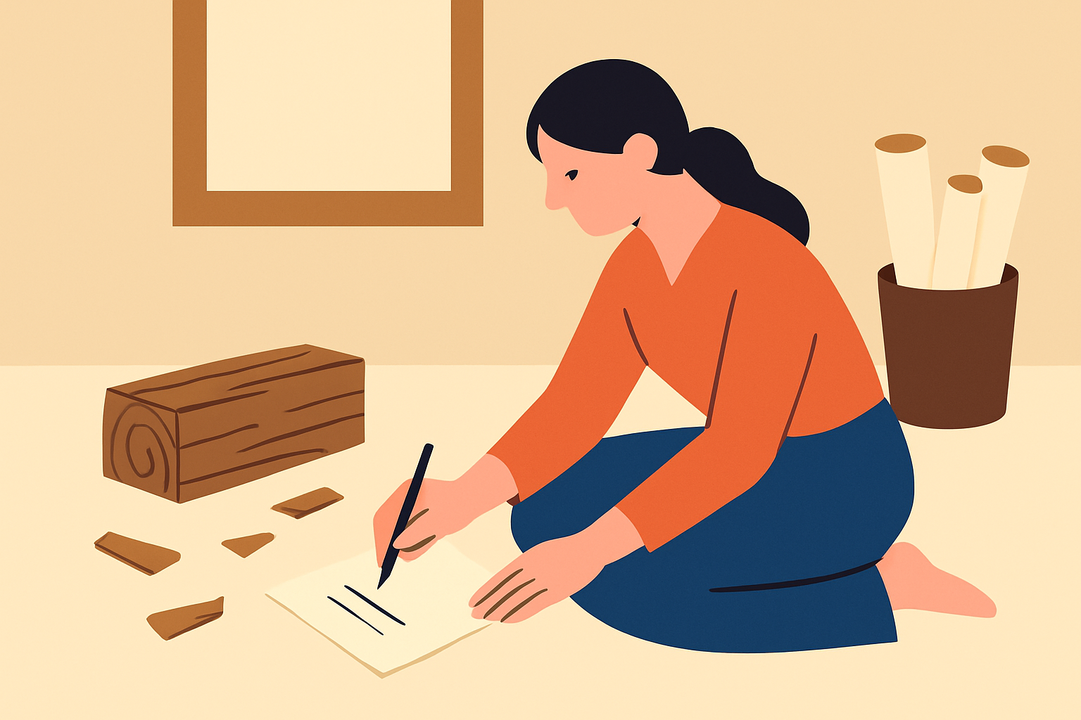 木の切れ端と、紙が貴重だった昔の暮らしをイメージしたイラスト