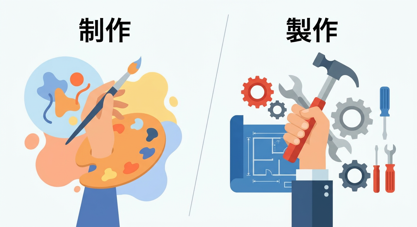 制作と製作の違いを示すイメージ(絵筆と工具を並べた対比)