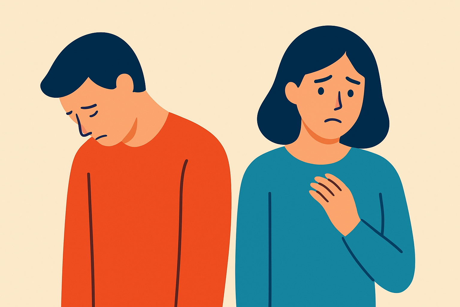 うつむいて肩を落とす人と、その隣で困った表情を浮かべる人のイメージ