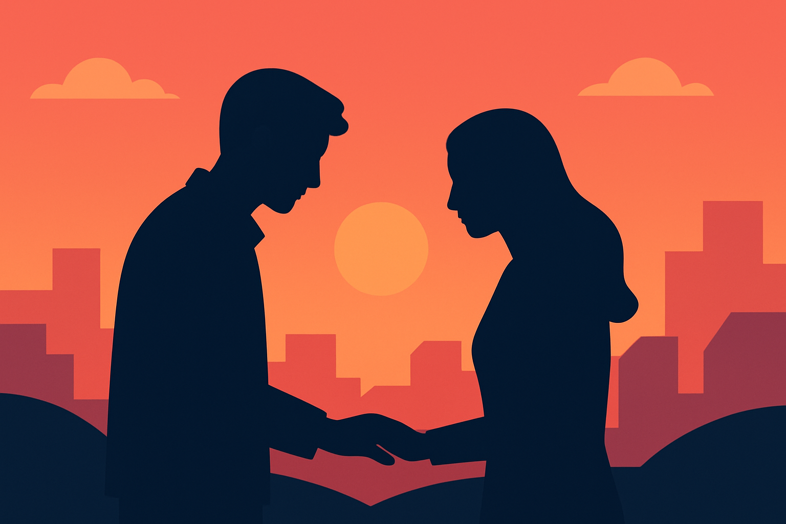 夕暮れに人目を避けて会う二人のシルエットのイメージ