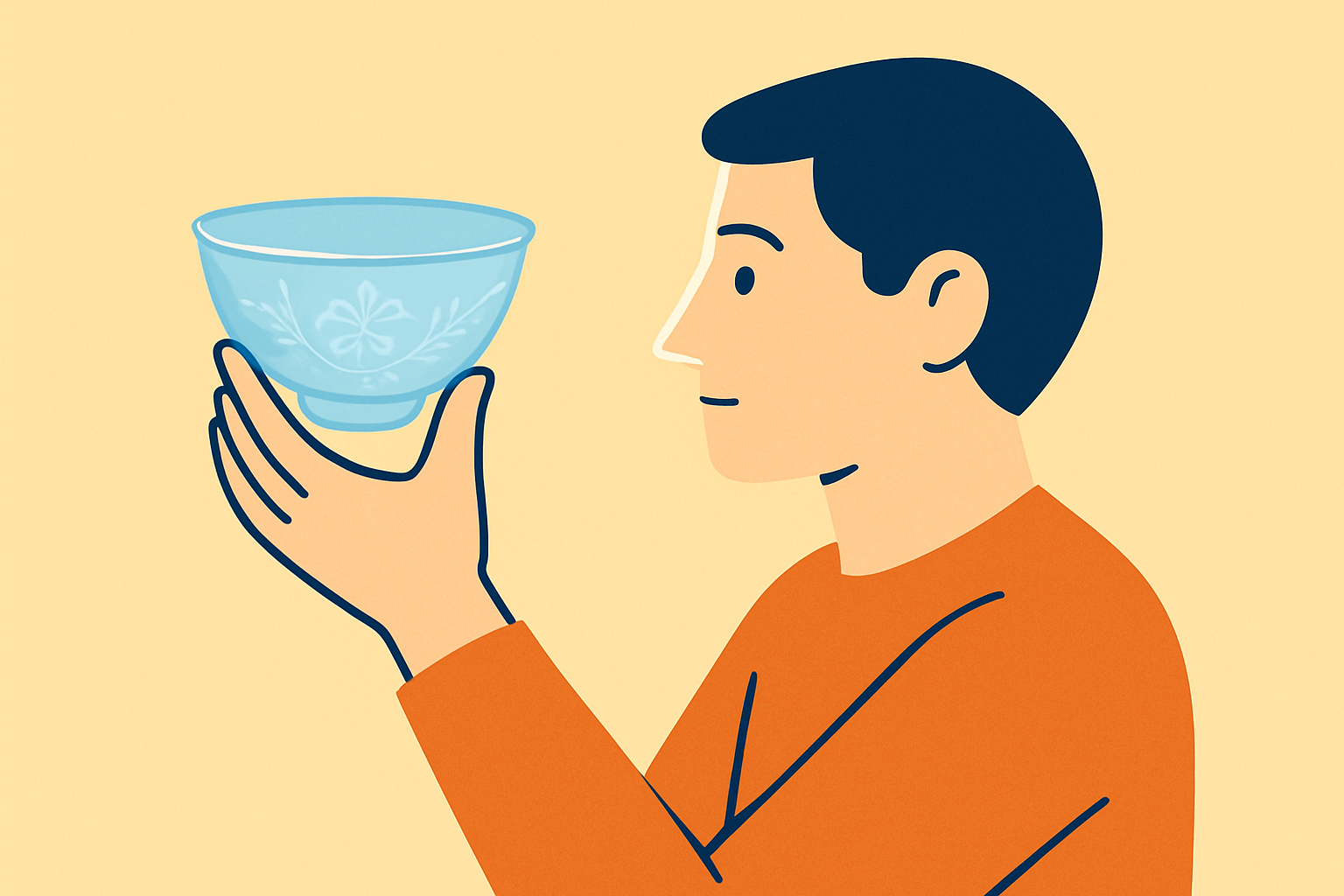 骨董品の器を手に取り、光にかざしながらさまざまな角度から眺めている様子