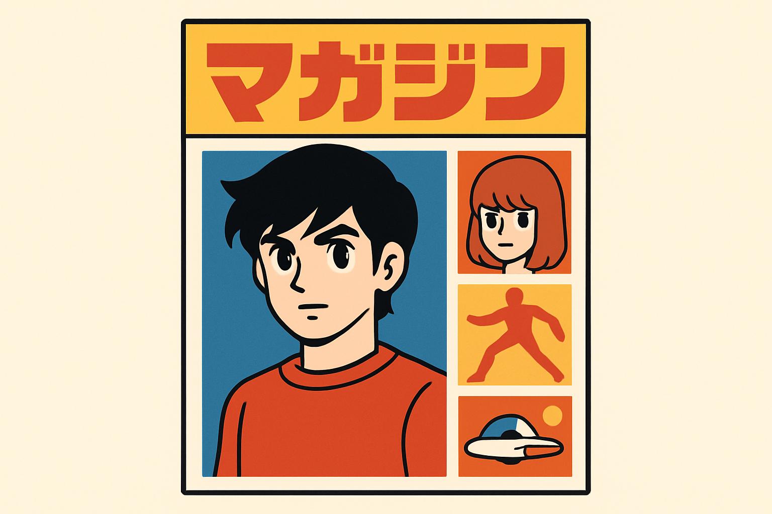1970年代の漫画雑誌をイメージしたフラットイラスト